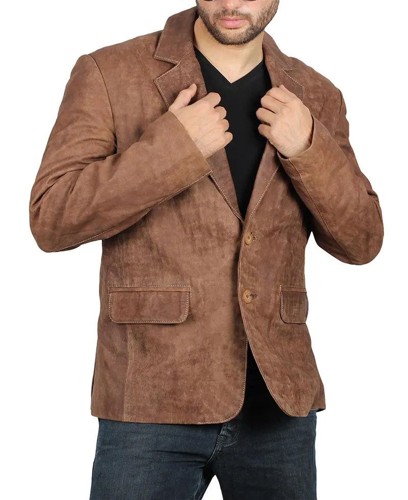Brown Suede Mens Leather Blazer