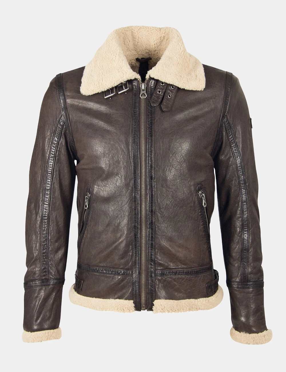 Dark Brown Aviator Leather Jacket with Shearling Collar