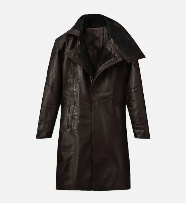 Classic Mens Dark Brown Leather Long Coat