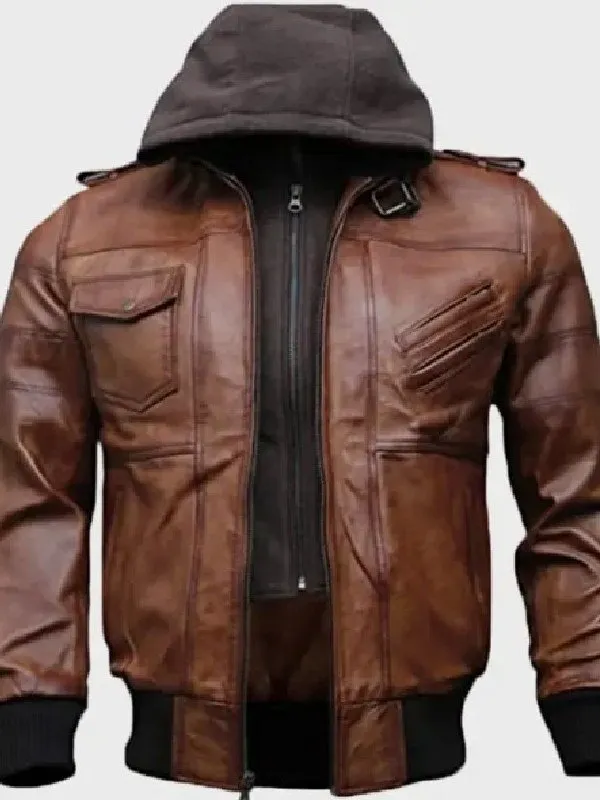 Mens Brown Bomber Leather Jacket with Hooded