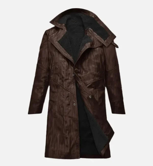 Wrinkled Brown Mens Leather Long Coat