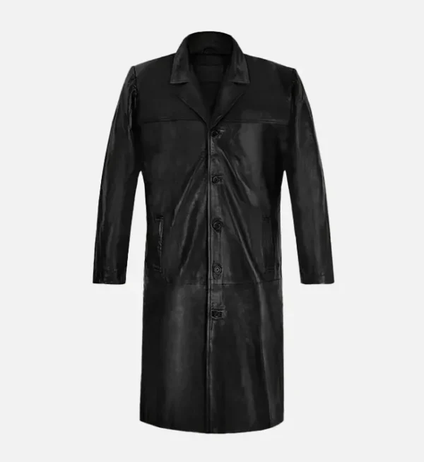 Mens Classic Black Leather Long Coat