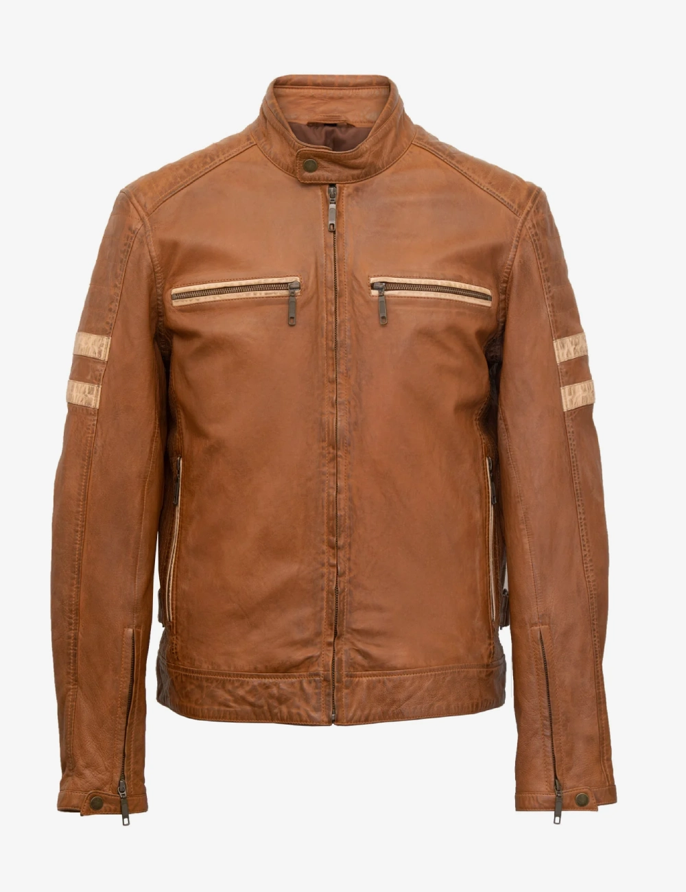 Brown Leather Jacket Tan with Classic Cafe Racer Design
