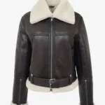 Womens Brown White Vintage Skyfall Sheepskin Aviator Jacket