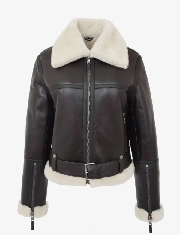 Womens Brown White Vintage Skyfall Sheepskin Aviator Jacket