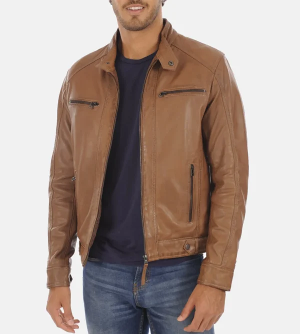 Cognac hooded leather jacket