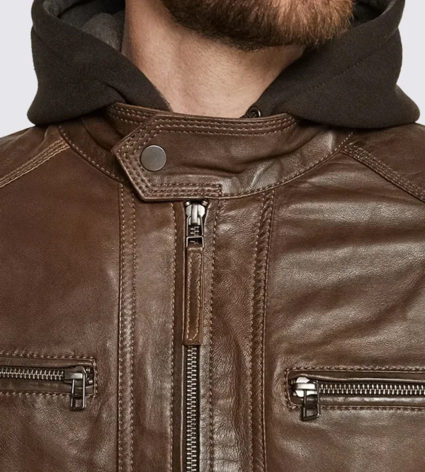 Dark brown hooded biker jacket