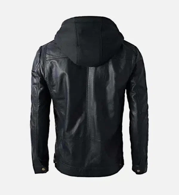 Detachable Hood Black Biker Leather Jacket for Men