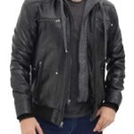 Black Leather Jacket With Grey Hood