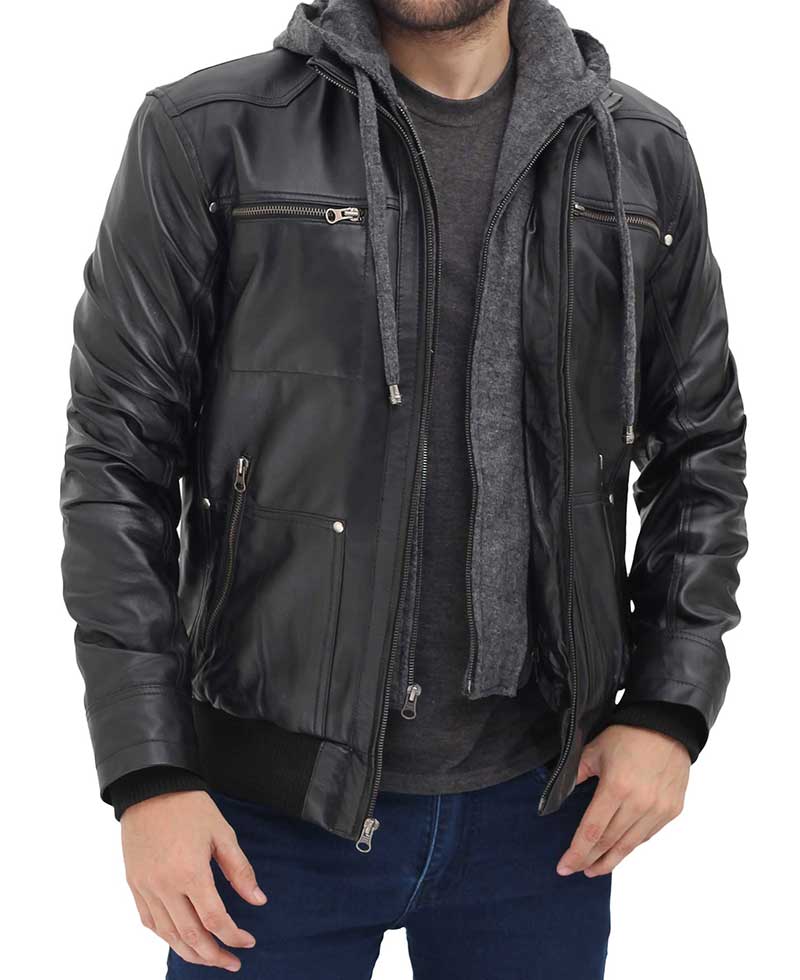Black Leather Jacket With Grey Hood