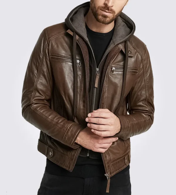 Mens Dark Brown Hooded Motorcycle Leather Jacket