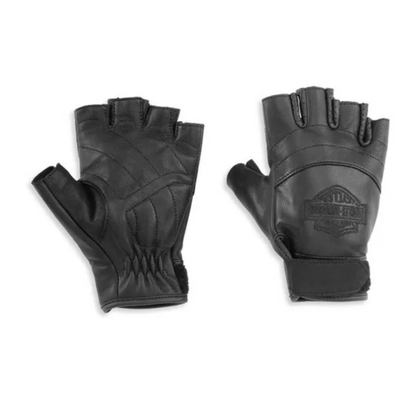 Womens Black Leather Bar and Shield Fingerless Gloves