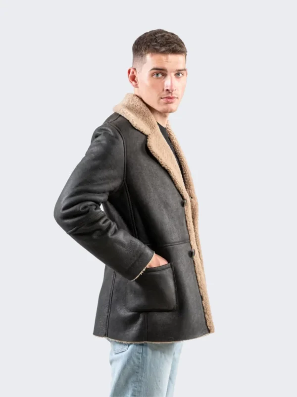 Genuine black sheepskin leather coat men