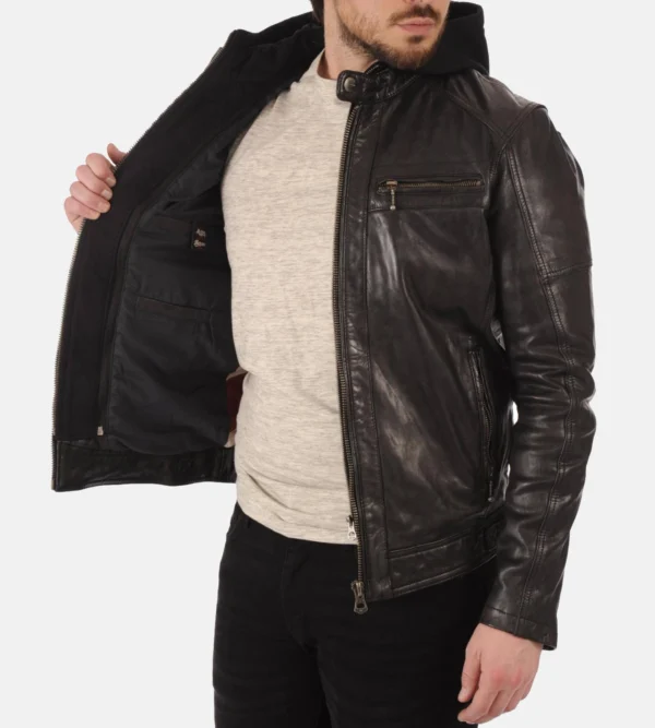 Genuine leather hooded jacket