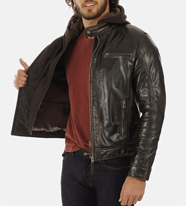 Hooded buffalo leather jacket brown mens