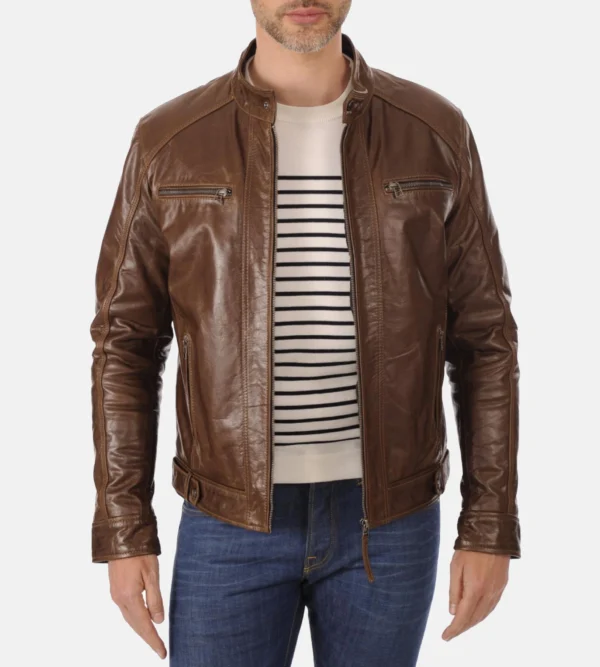 Hooded buffalo leather jacket genuine mocca