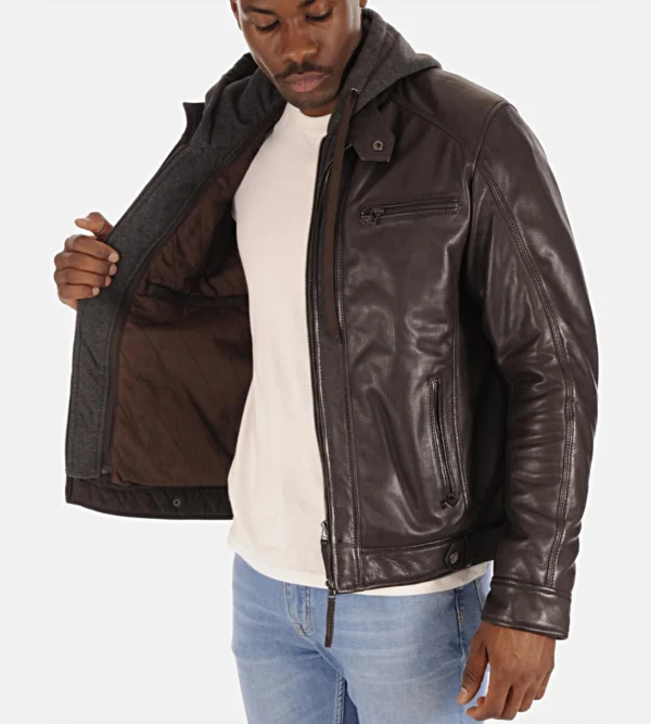 Hooded dark brown lambskin leather jacket men