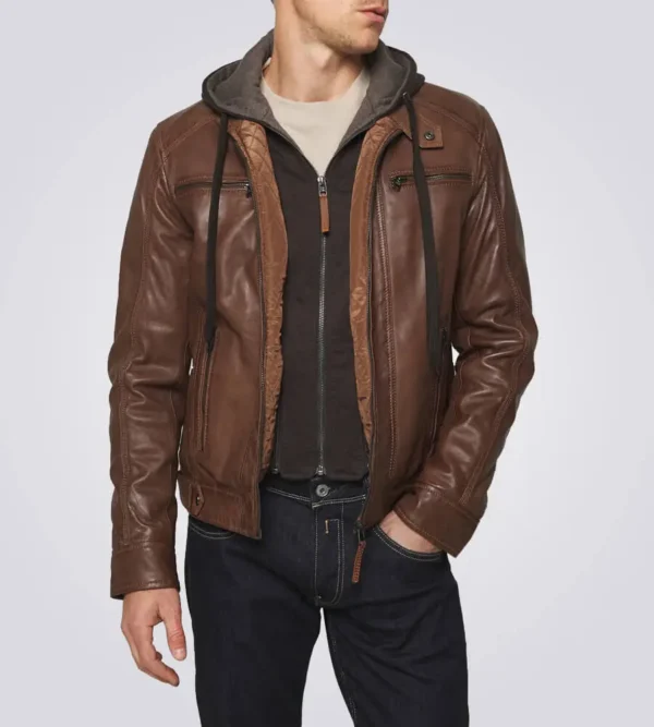 Hooded leather biker jacket men