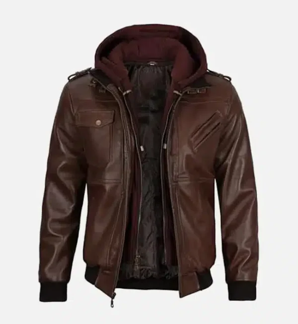 Mens Chocolate Brown Leather Bomber Jacket With Hood