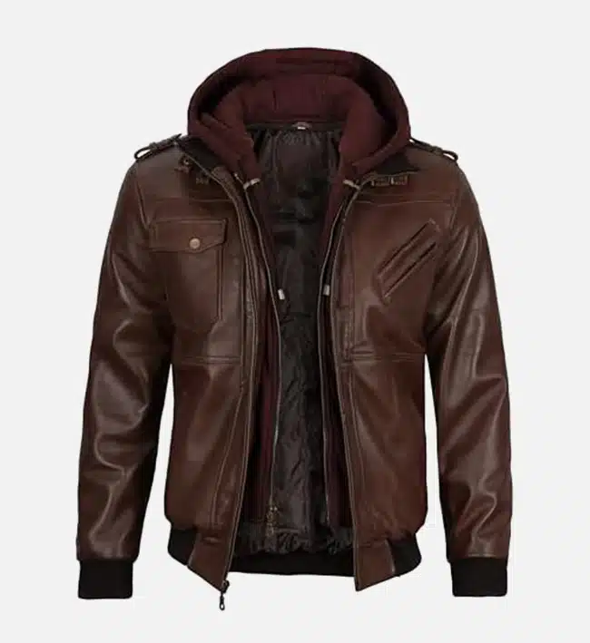 Mens Chocolate Brown Leather Bomber Jacket With Hood