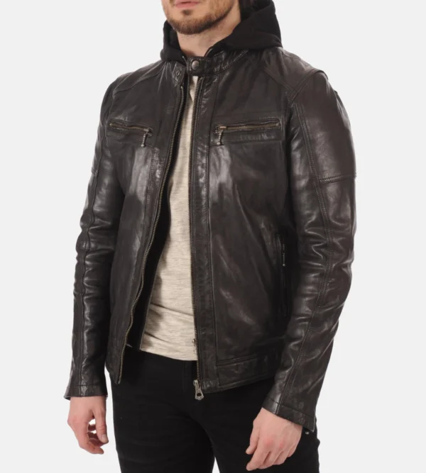 Hooded Mens Athens Black Genuine Leather Jacket