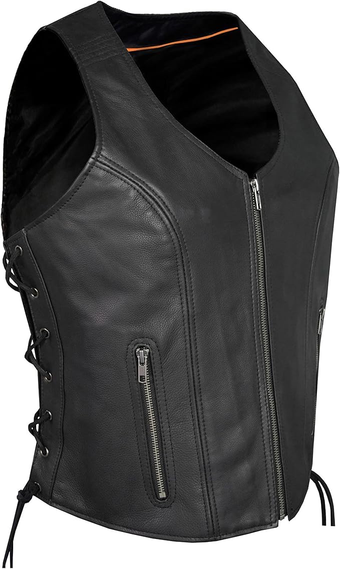 Ladies Womens Solid Soft Leather Biker Vest