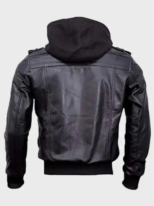 Mens Bomber Black Leather Jacket with Hoodie