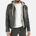 Black Leather Mens Shaldon Hoodie Lambskin Jacket