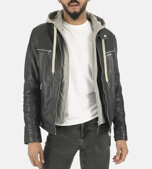 Black Leather Mens Shaldon Hoodie Lambskin Jacket