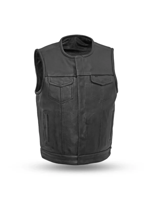 Trucker Style Slim Fit Black Leather Vest For Men