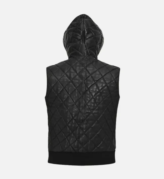 Mens Quilted Black Hooded Leather Vest