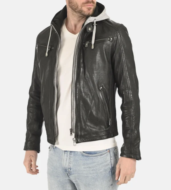 Winston Black Removable Hoodie Leather Jacket
