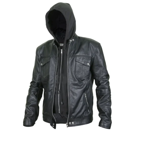 Mens black hooded leather jacket