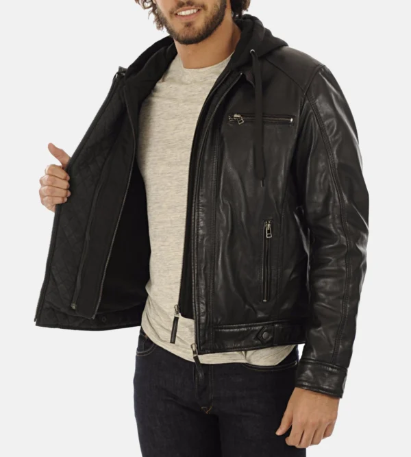 Mens black lambskin hooded jacket