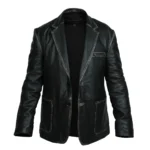 Formal Button Style Black Leather Blazer