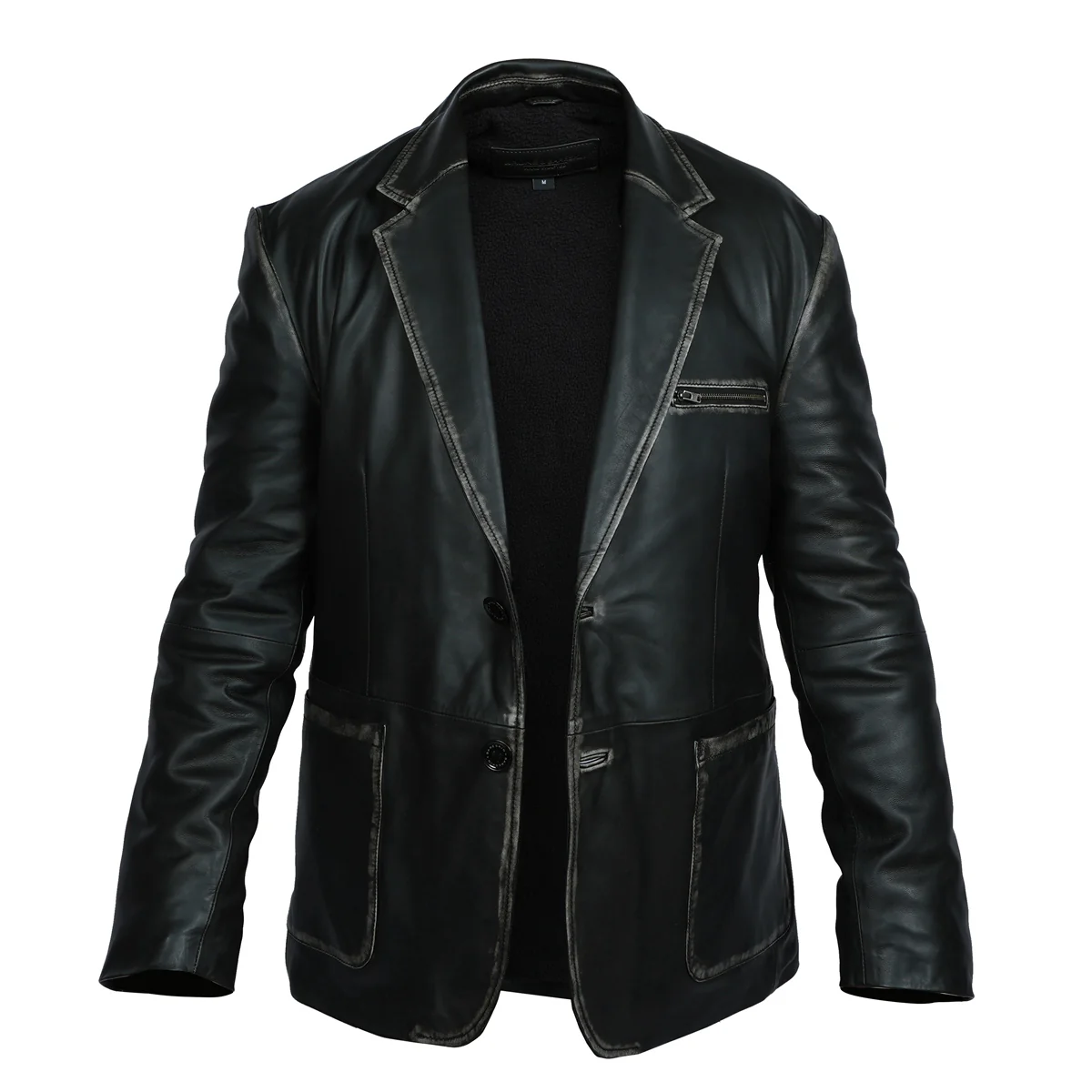 Formal Button Style Black Leather Blazer