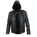 Mens Leather Jacket with Hoodie In Black