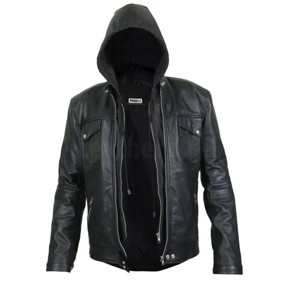 Mens Leather Jacket with Hoodie In Black