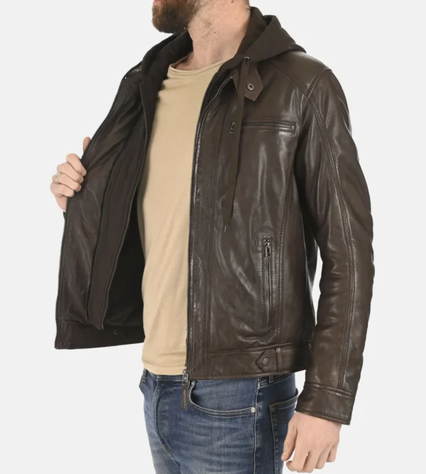 Mens brown leather hooded jacket