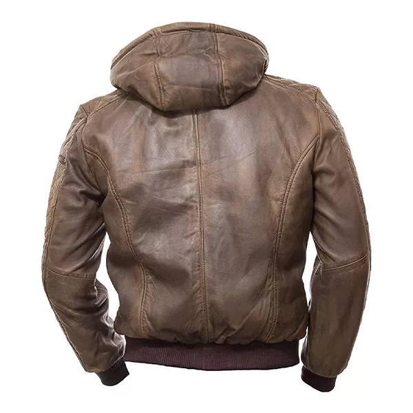 Classic Mens Brown Leather Hooded Jacket