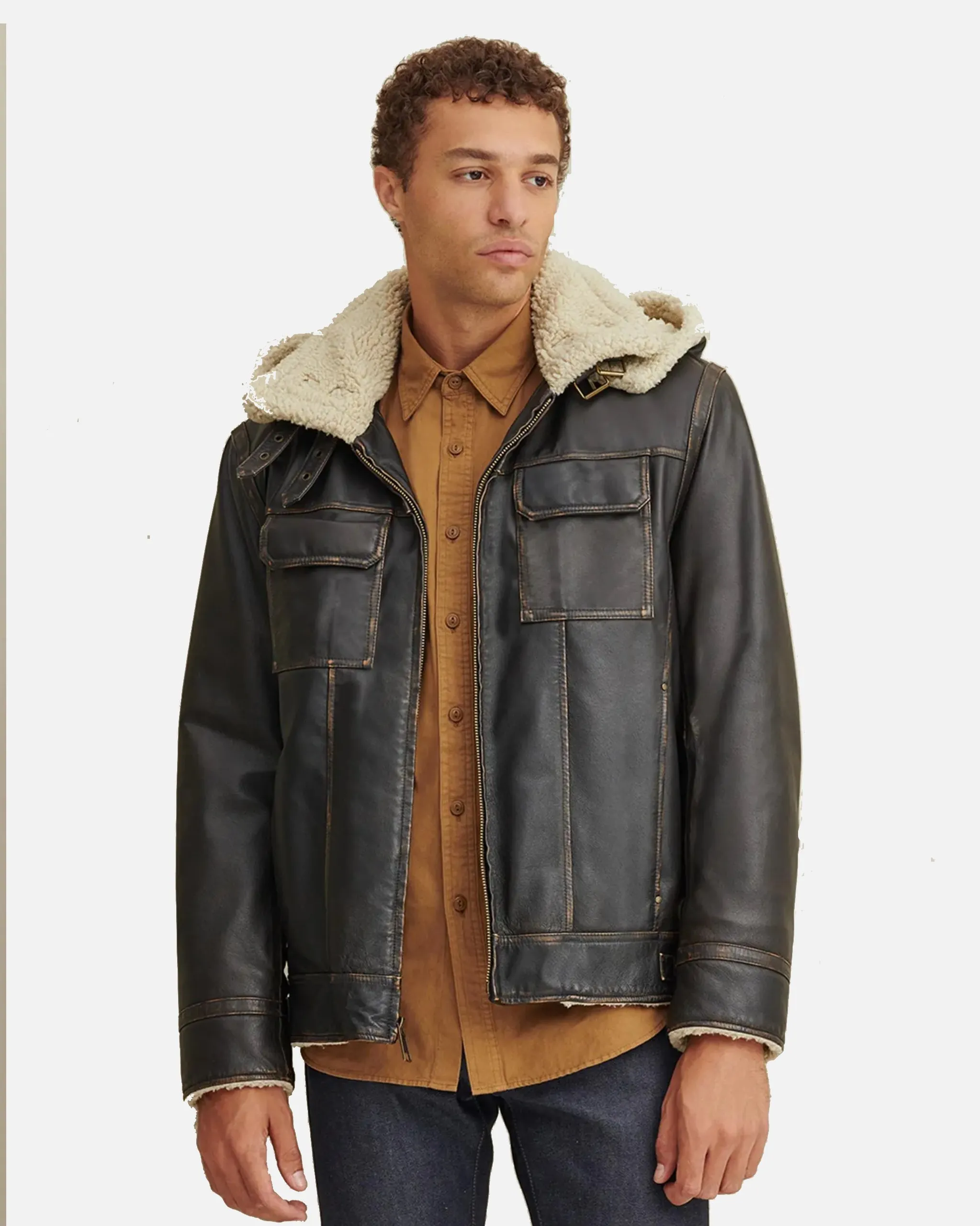 Mens Black Shearling Hooded Leather Jacket