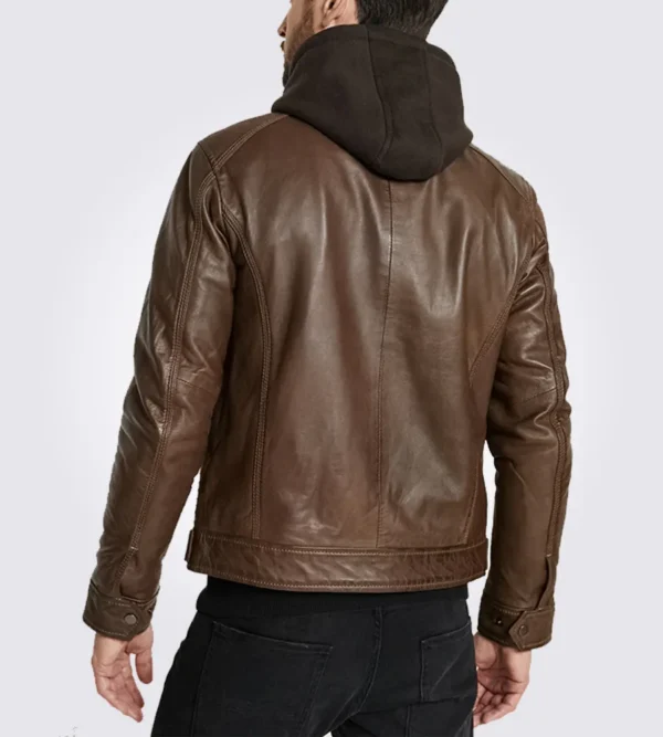 Mens hooded biker leather coat