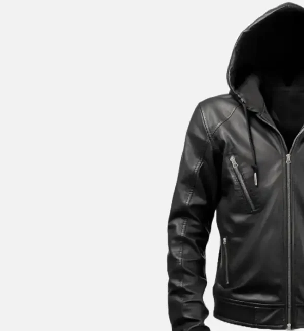 Mens hooded black leather jacket