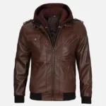 Mens Chocolate Brown Leather Bomber Jacket With Hood