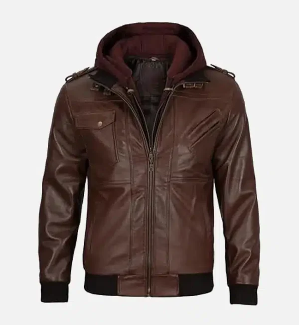 Mens Chocolate Brown Leather Bomber Jacket With Hood