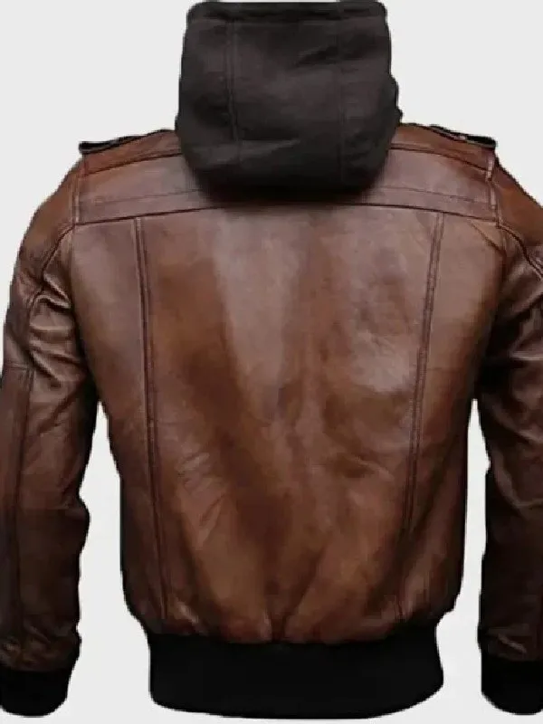 Mens Brown Bomber Leather Jacket with Hooded