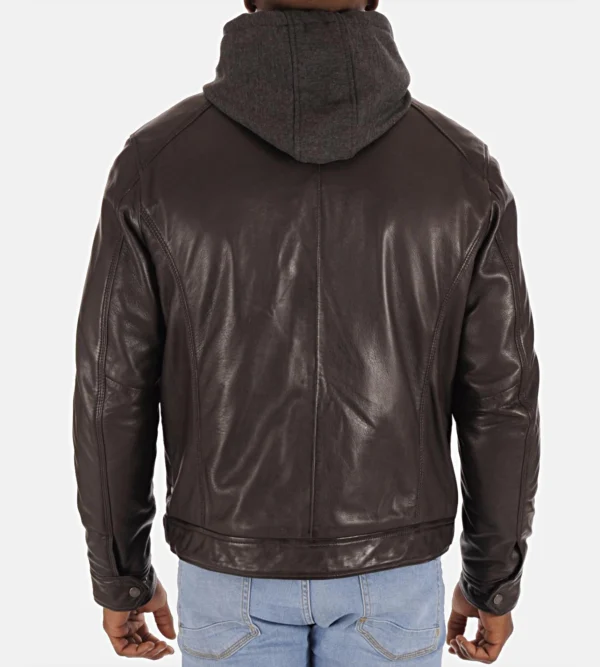 Mens hooded lambskin leather jacket dark brown