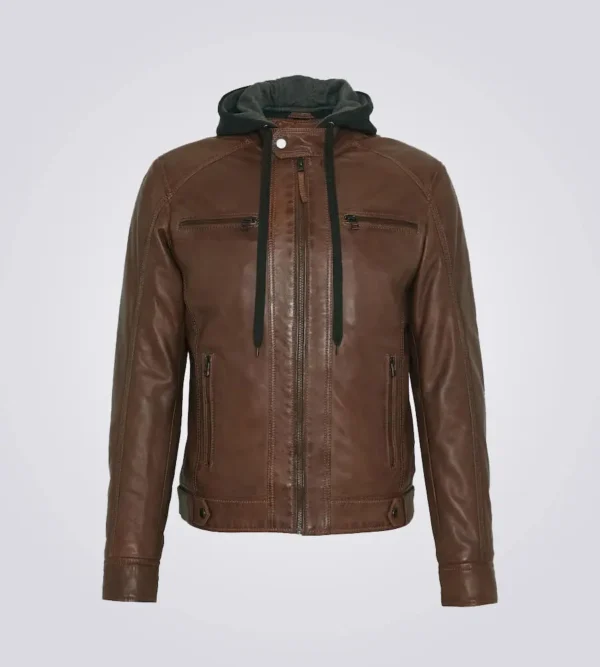 Mens Brown Biker Hooded Leather Jacket