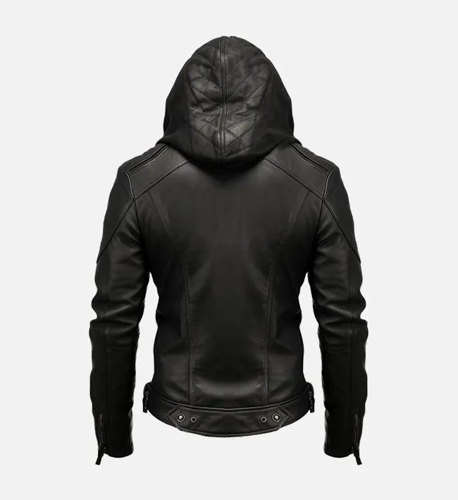 Classic Style Mens Black Hooded Leather Jacket