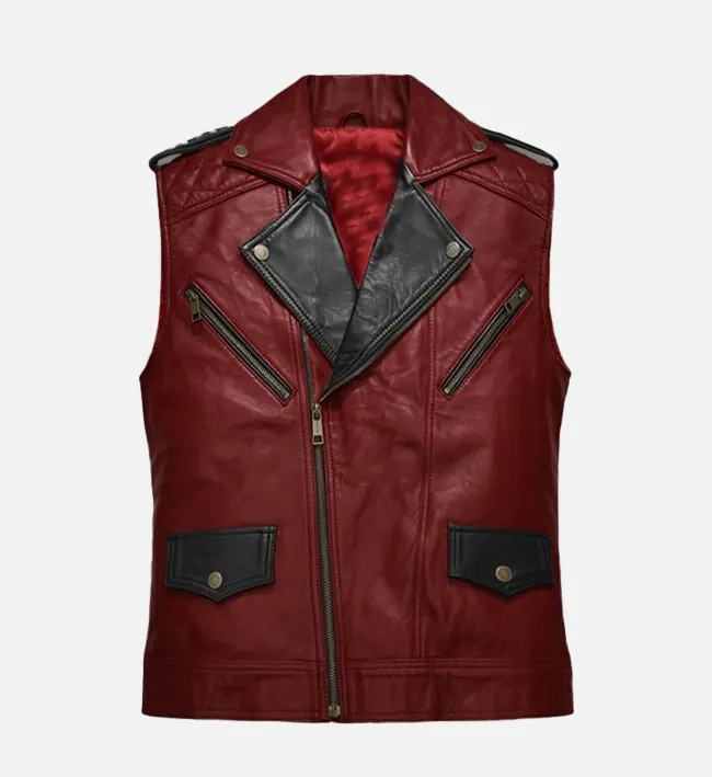 Bold Red and Black Leather Vest For Mens